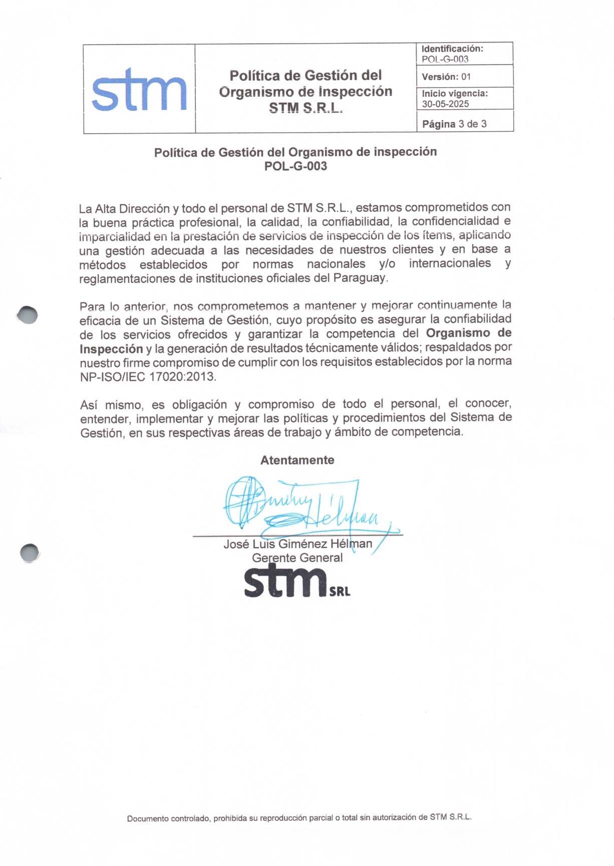 Política de Gestión del Organismo de Inspección STM S.R.L.